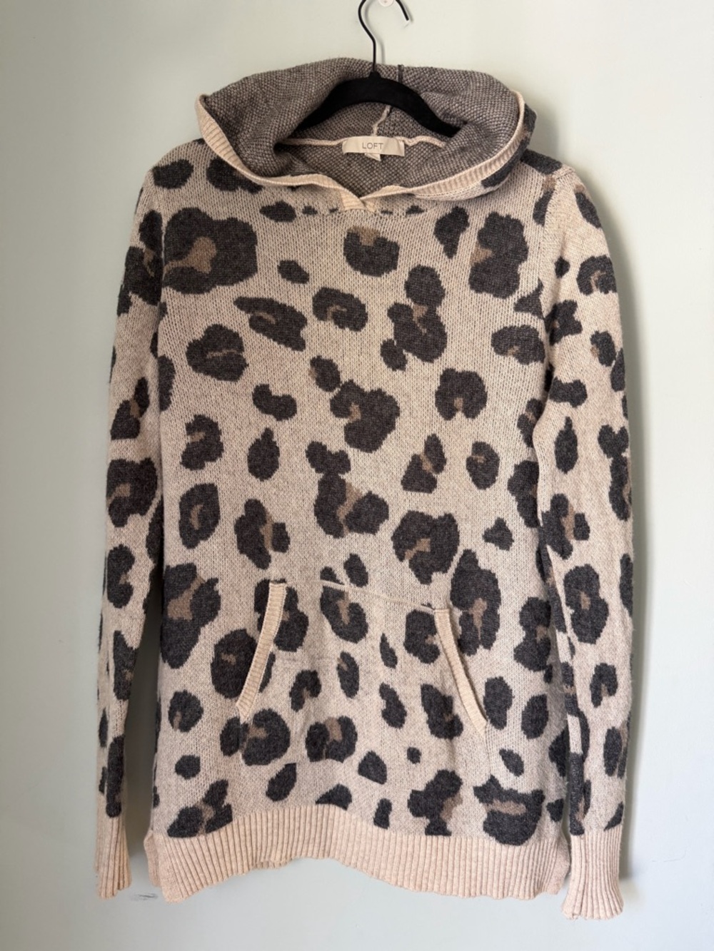 LOFT Leopard Print Hoodie Sweater Small Cozy Knit Neutral Animal Print